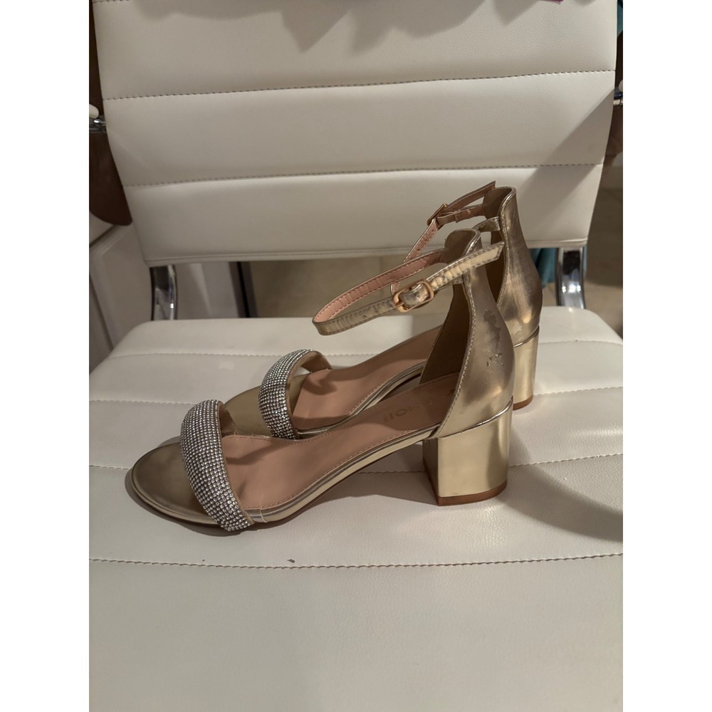 Amoji Womens Gold Rhinestone Block Heel Ankle Strap Sandals Size 37 US 6.5‎